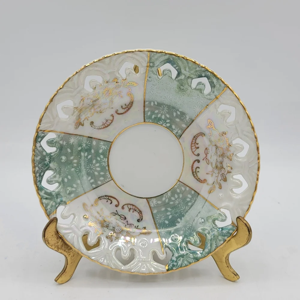 Japanese Lusterware Demitasse Cup Saucer Gold Trim Iridescent Floral Panels Vtg